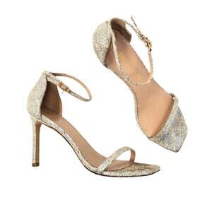 Stuart Weitzman Nudistcurve 100 Ankle Strap Sandals Gold Rhinestone Size US 8.5